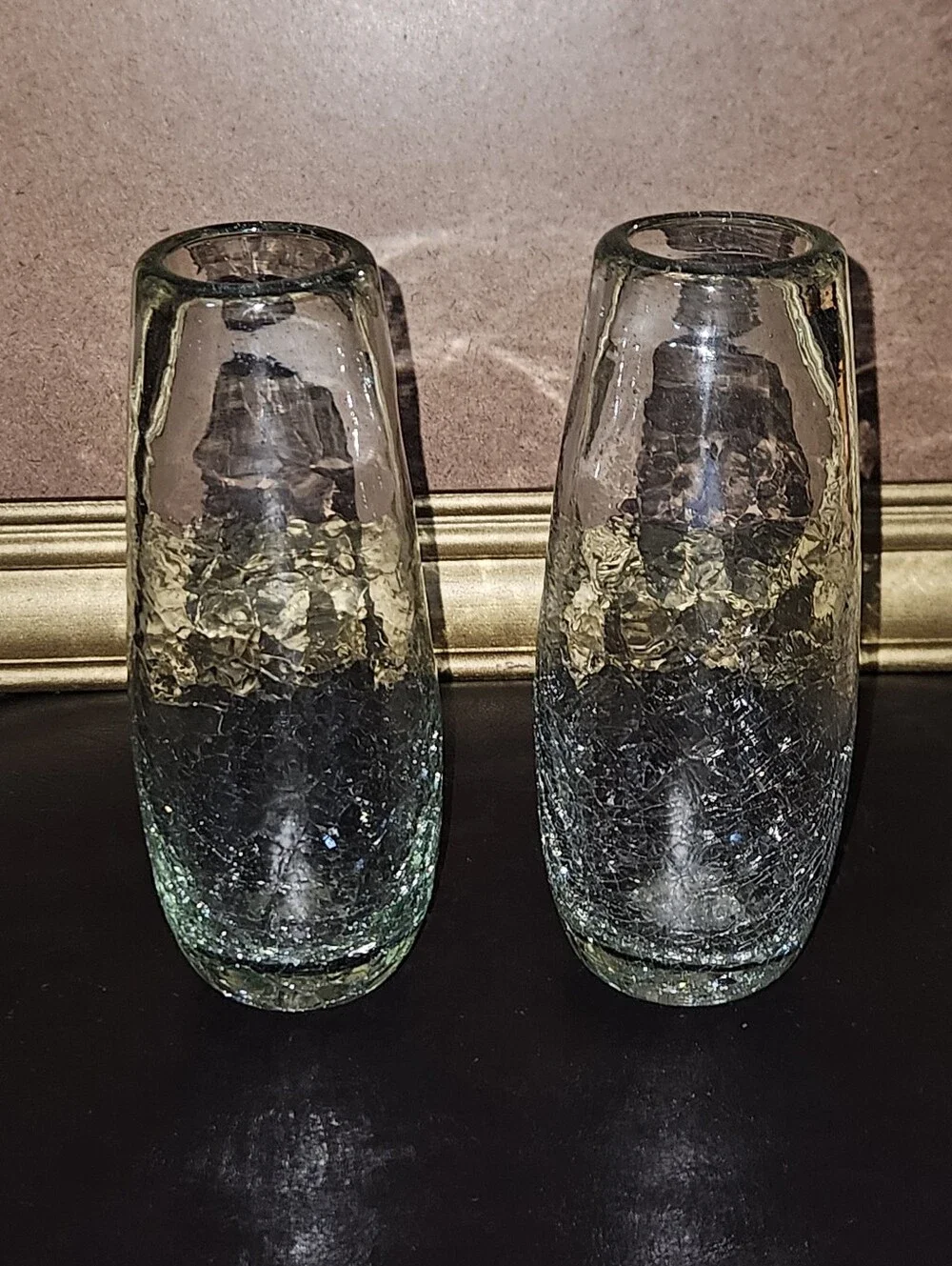 Set Of 2 Vintage Kosta Style Art Glass Clear Crackle Glass Bud Vases